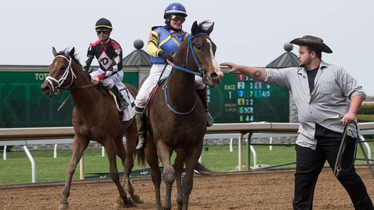 Two racehorses walk back on the dirt track at Keeneland after a race