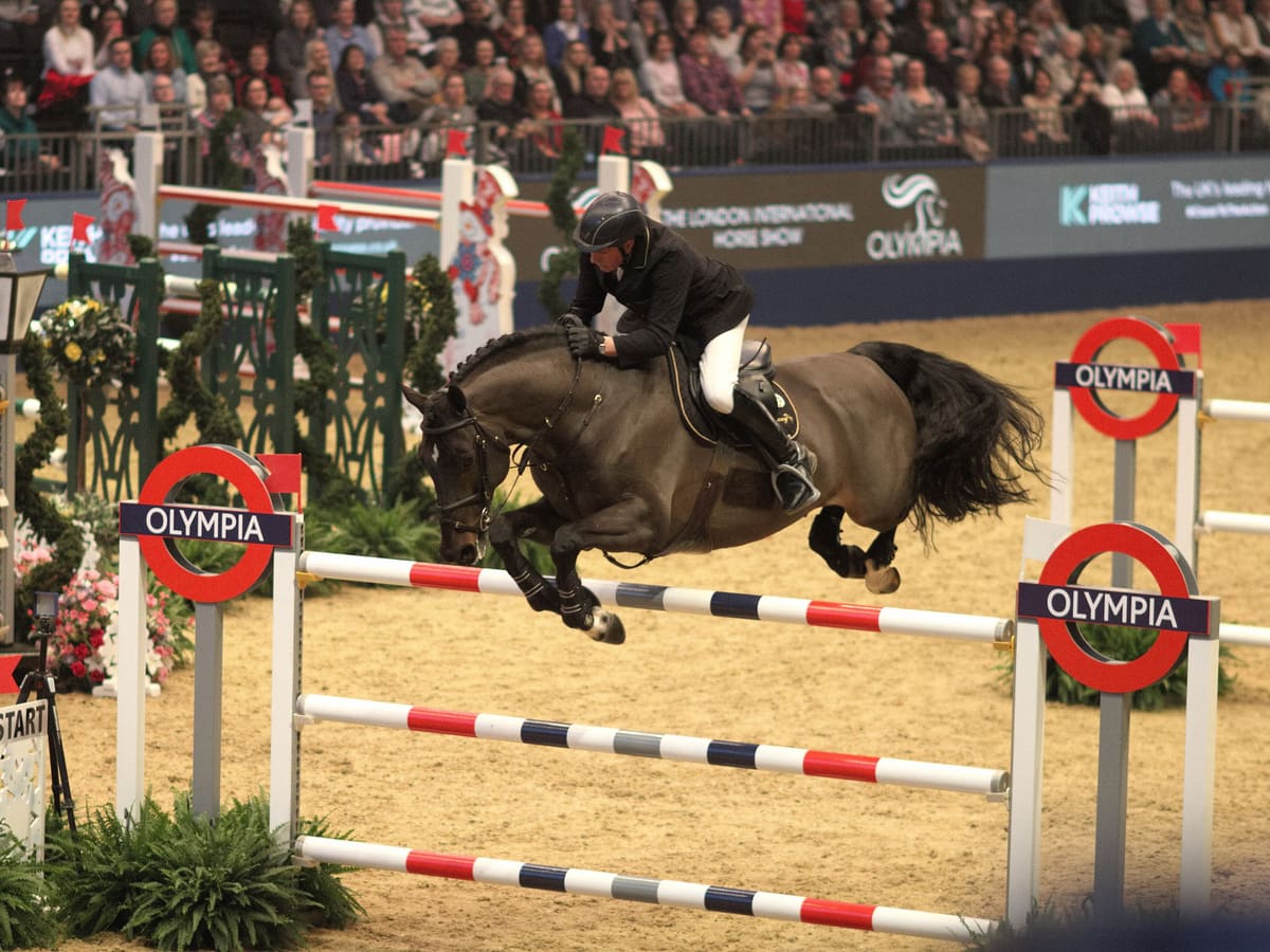 A show jumper clearing a fence in an indoor arena at Olympia, London